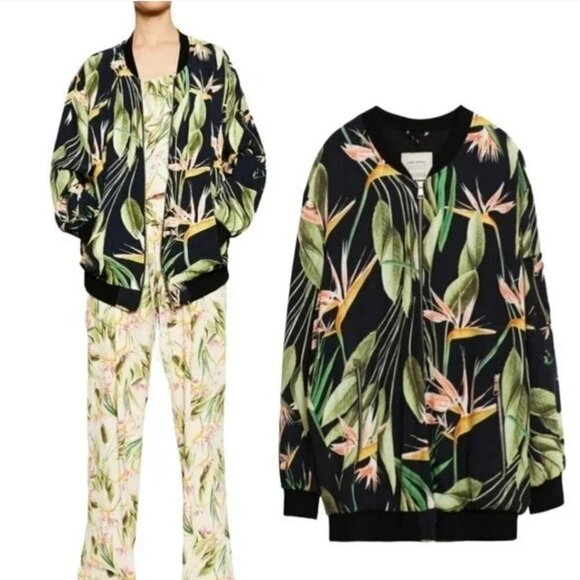 Zara Black Green Tropical Exotic Floral Oversized Bomber Jacket Size Medium - Picture 2 of 13